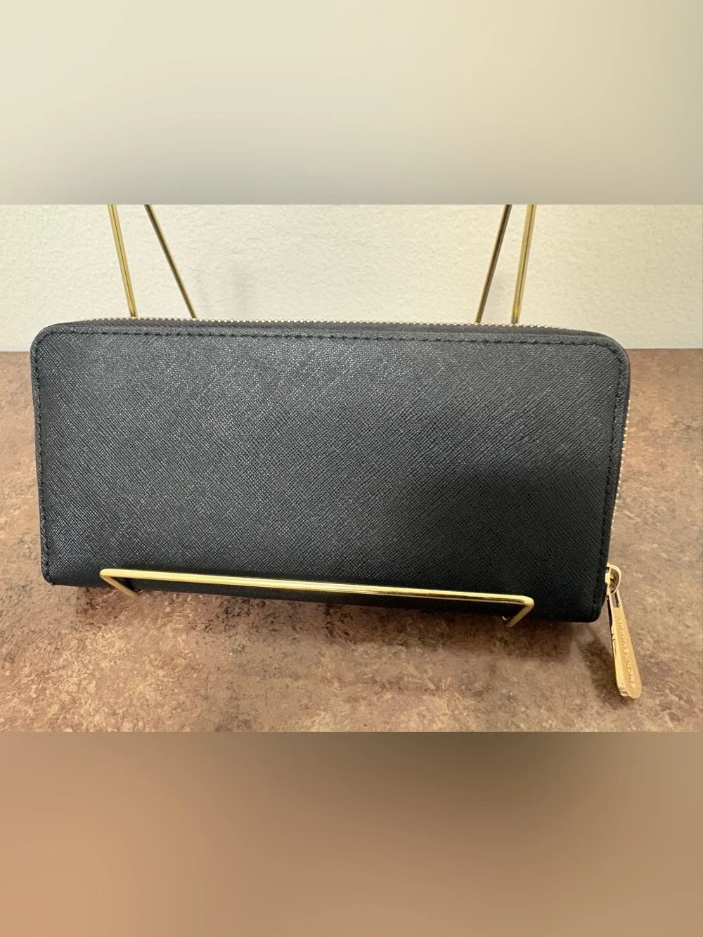 Michael Kors Black Saffiano Zip Around Wallet Gold Hardware 9x4